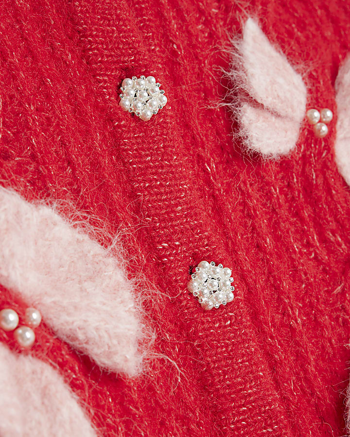 Red Pearl Detail Bow Cardigan