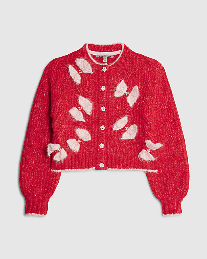 Red Pearl Detail Bow Cardigan