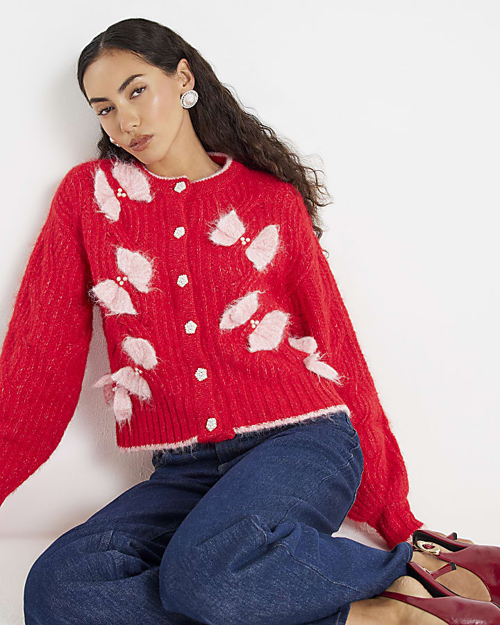 Red Pearl Detail Bow Cardigan