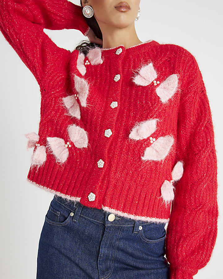 Red Pearl Detail Bow Cardigan