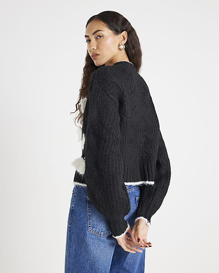 Black Pearl Detail Bow Cardigan