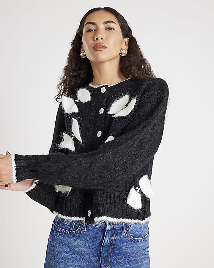 Black Pearl Detail Bow Cardigan