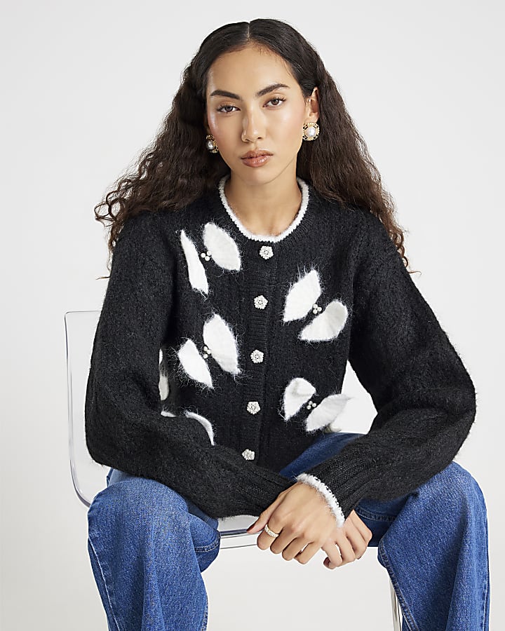 Black Pearl Detail Bow Cardigan