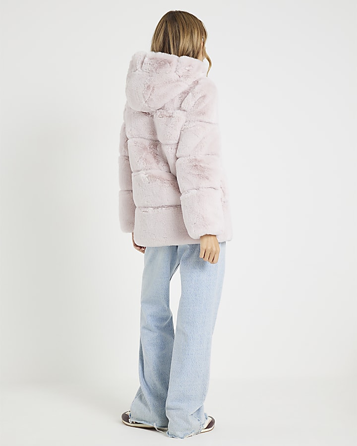 Pink Faux Fur Panelled Hooded Coat
