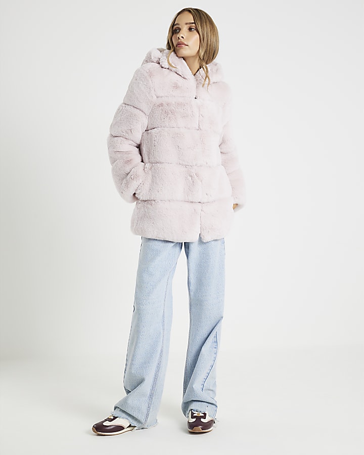 Pink Faux Fur Panelled Hooded Coat