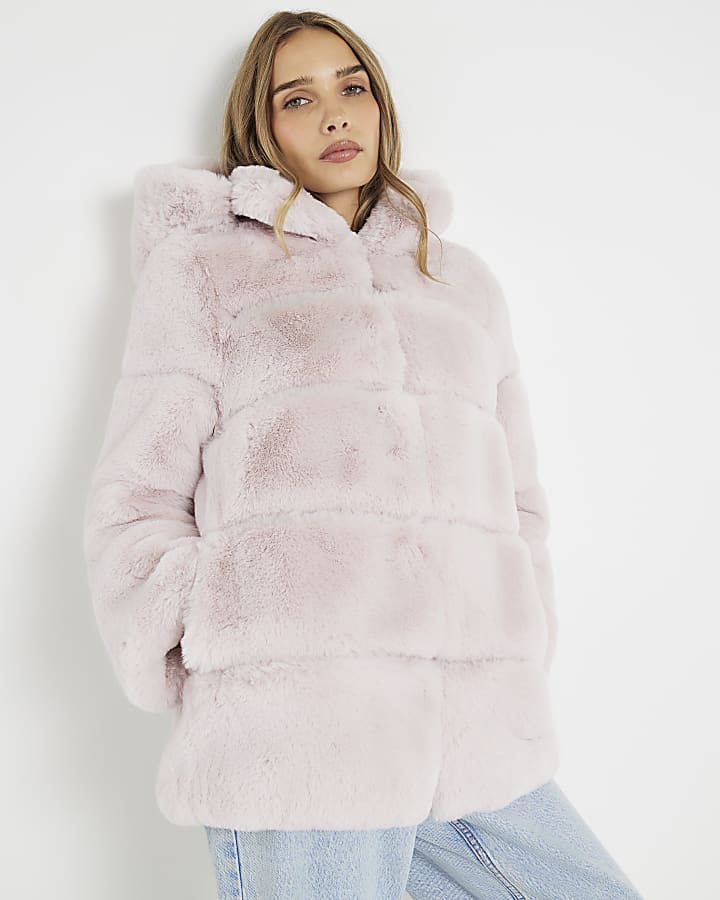 Pink Faux Fur Panelled Hooded Coat