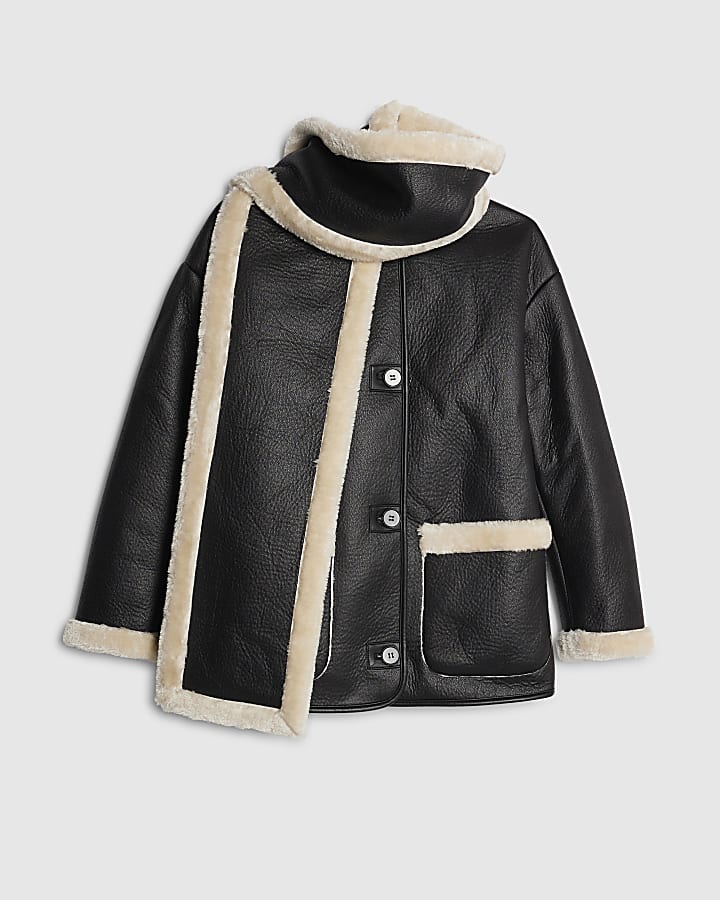 Black Scarf Detail Shearling Jacket