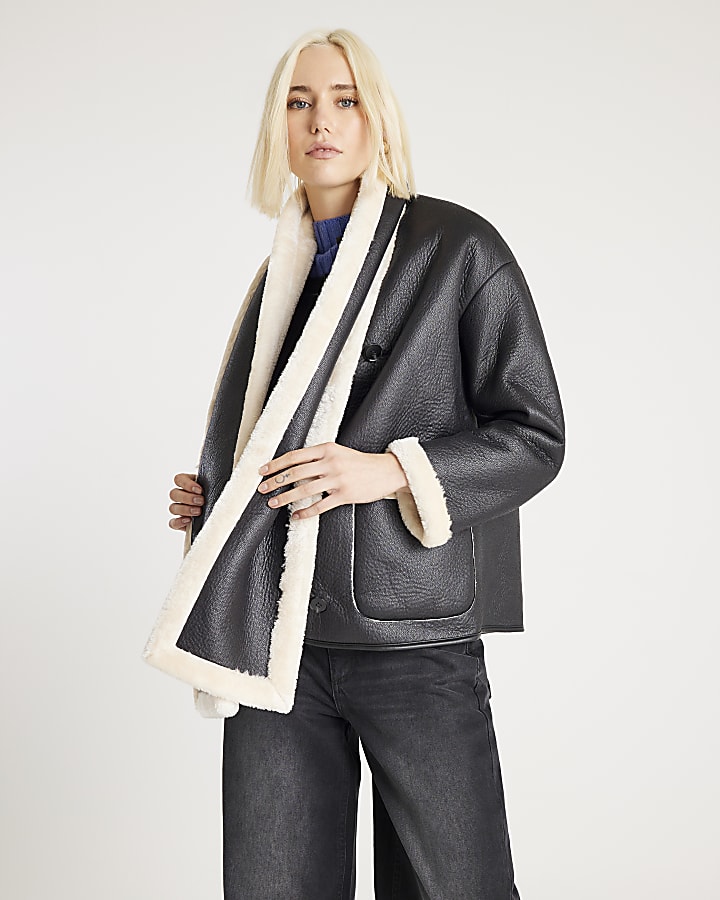Black Scarf Detail Shearling Jacket
