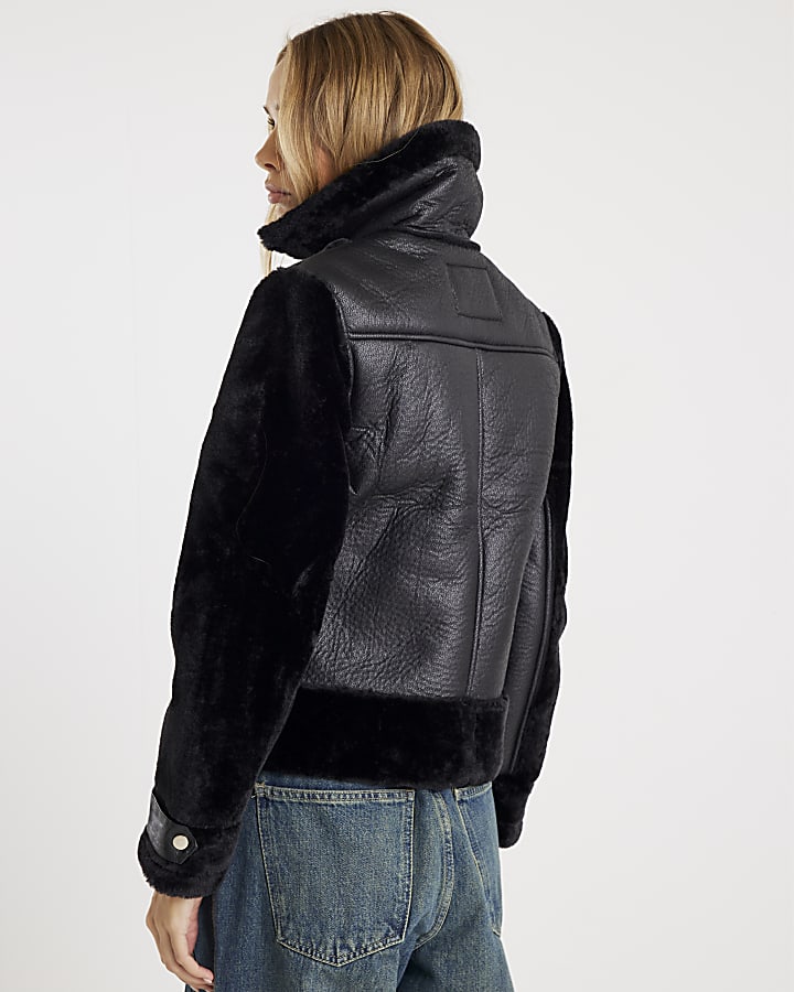 Black Faux Leather Aviator Jacket