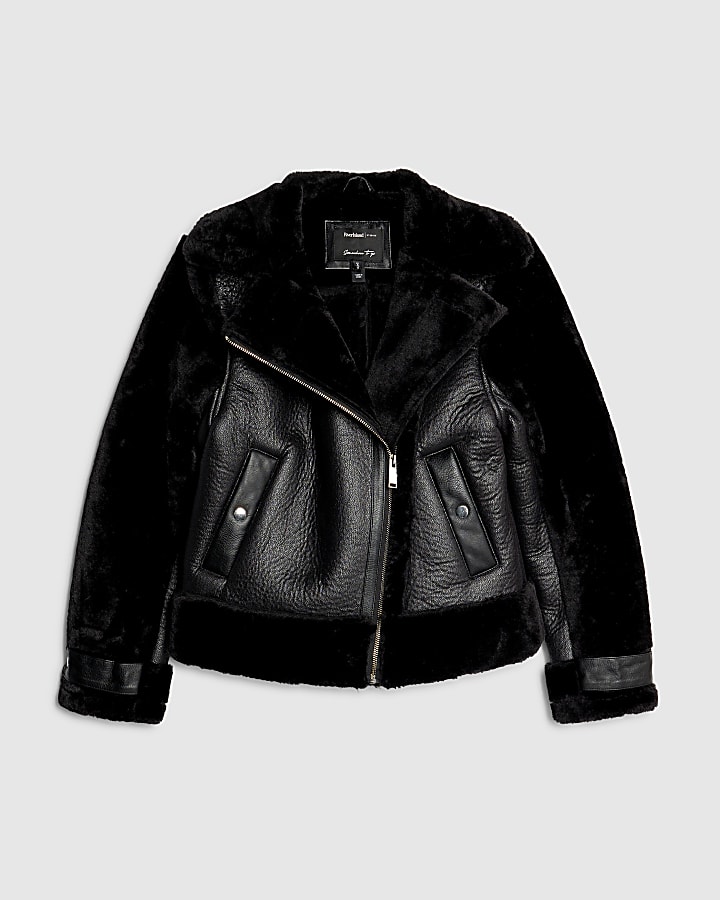 Black Faux Leather Aviator Jacket