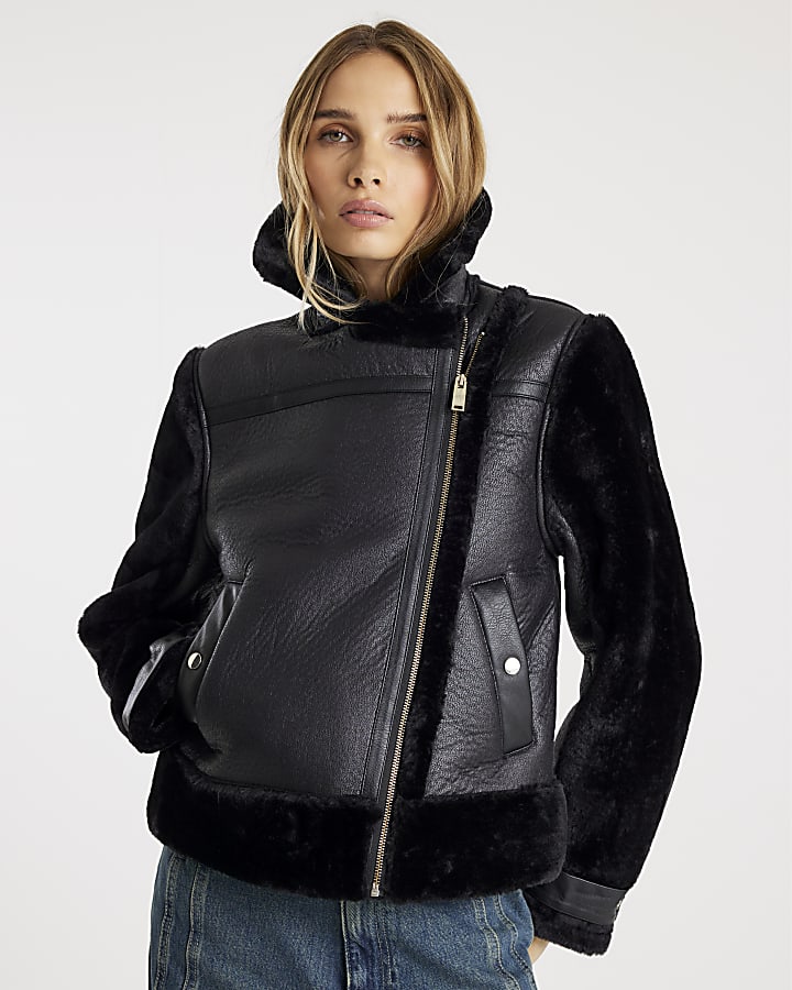 Black Faux Leather Aviator Jacket