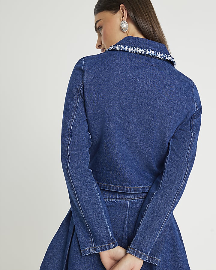 Blue Denim Long Sleeve Boucle Trim Jacket