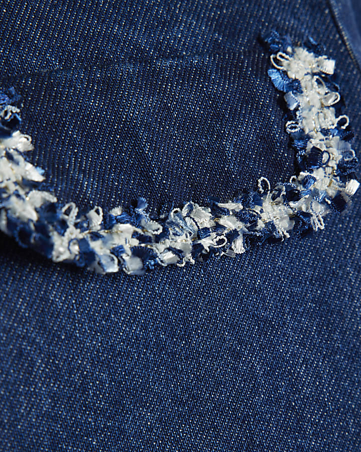 Blue Denim Long Sleeve Boucle Trim Jacket