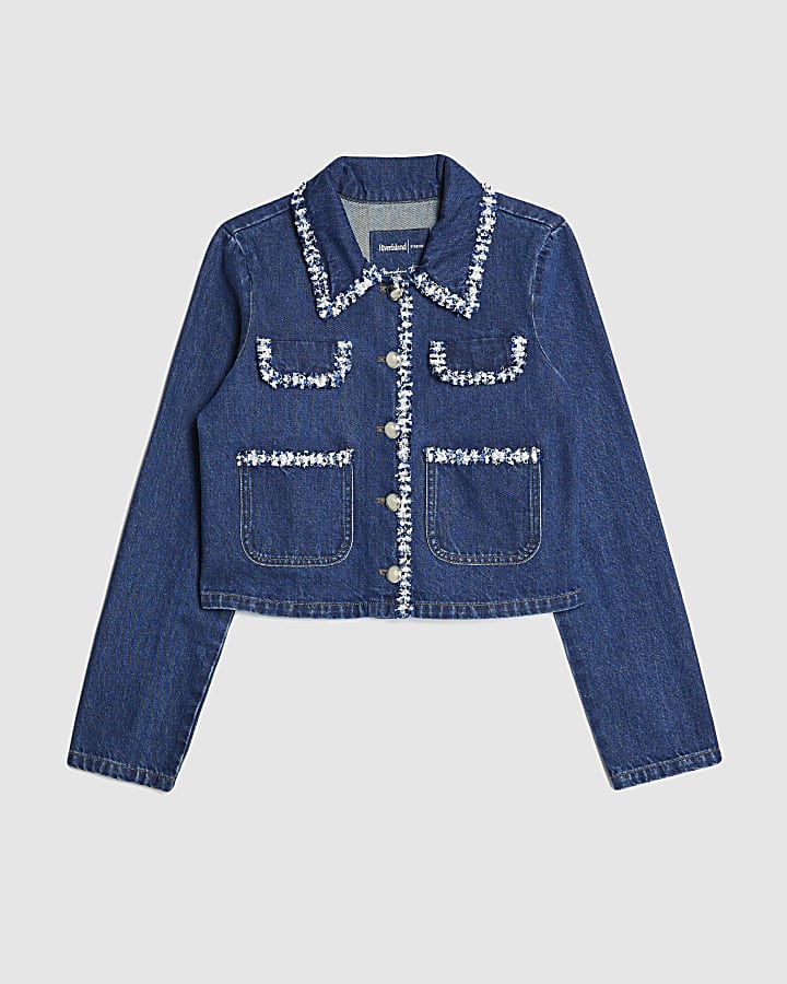 Blue Denim Long Sleeve Boucle Trim Jacket