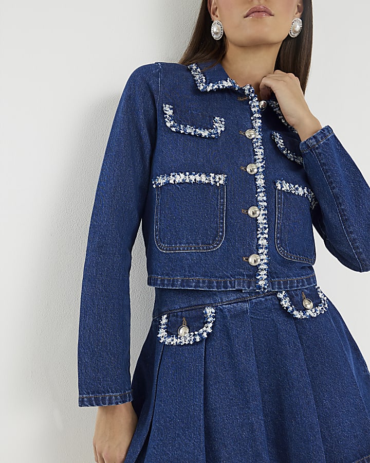 Blue Denim Long Sleeve Boucle Trim Jacket