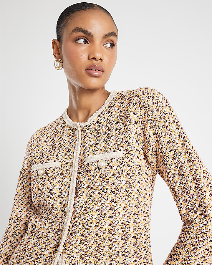 Orange Boucle Twisted Cardigan
