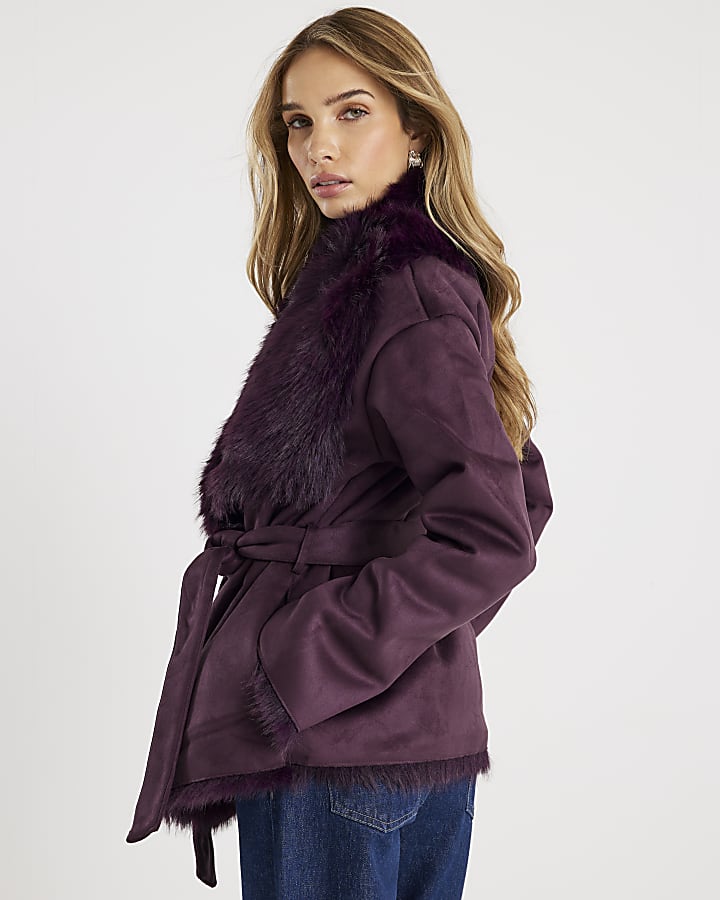 Red Faux Suede Belted Coat