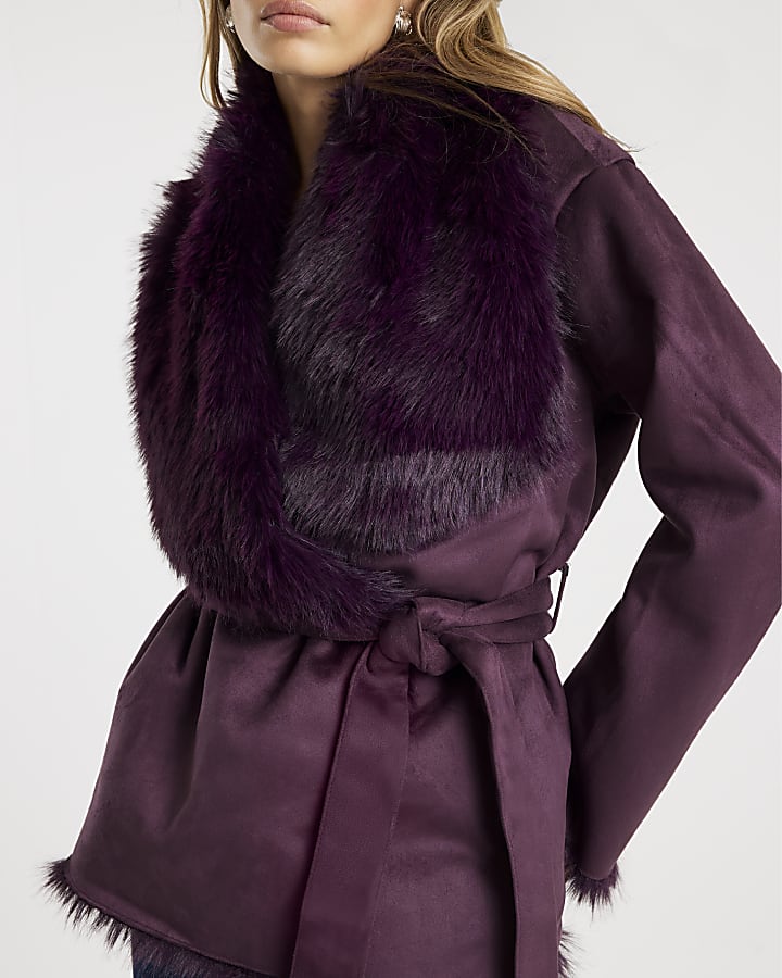Red Faux Suede Belted Coat