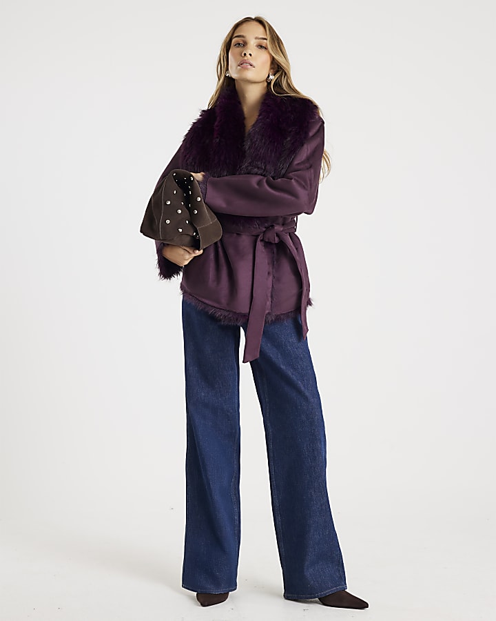 Red Faux Suede Belted Coat
