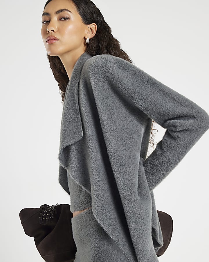 Grey Knitted Waterfall Lounge Cardigan