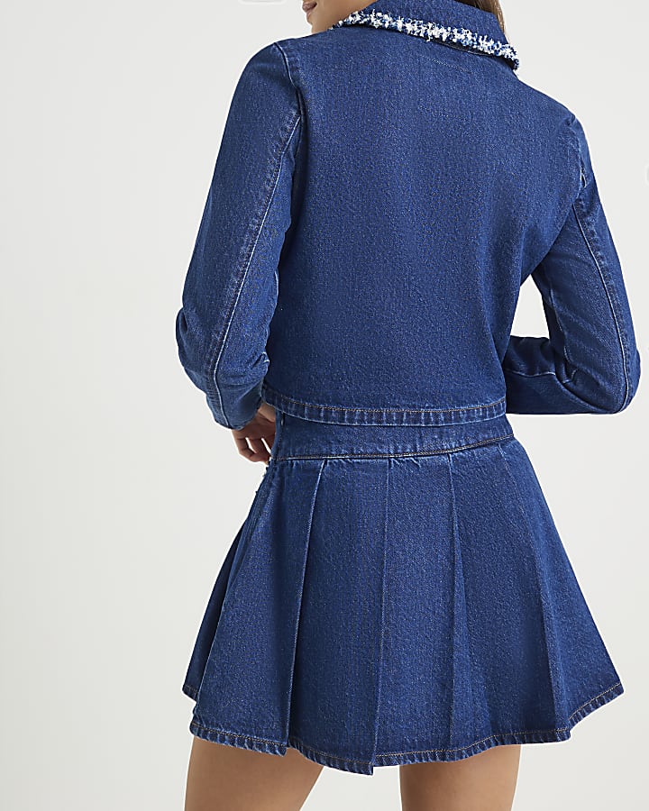 Blue Denim Boucle Trim Mini Skirt