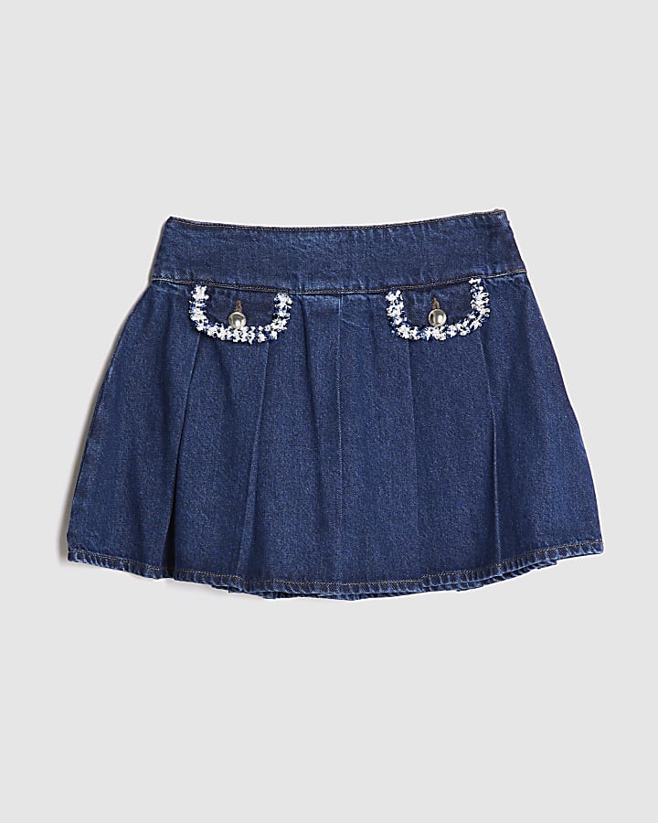 Blue Denim Boucle Trim Mini Skirt