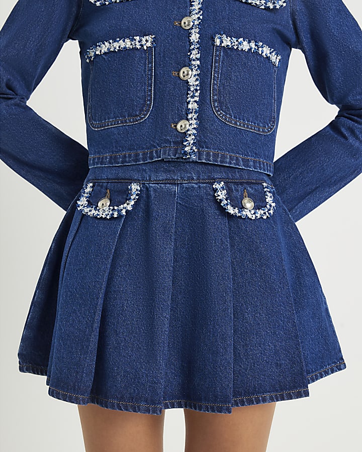 Blue Denim Boucle Trim Mini Skirt