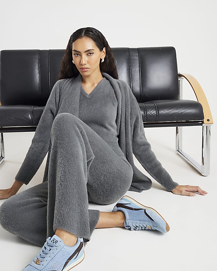 Grey Knitted Wide Leg Lounge Trousers