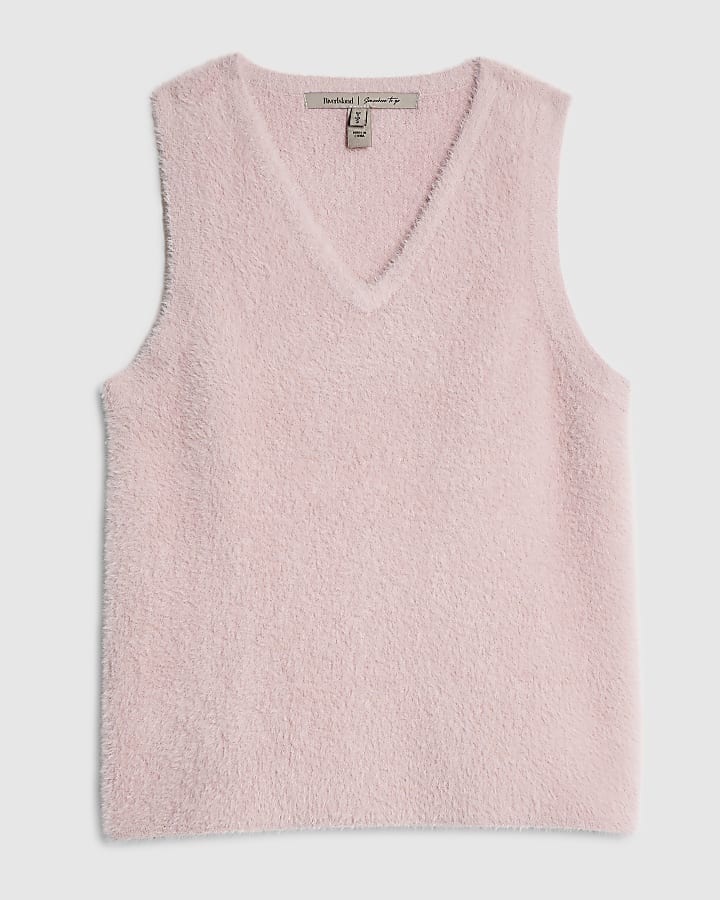 Pink Knitted V Neck Fluffy Vest