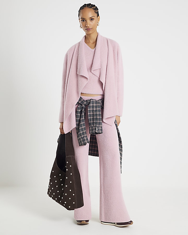 Pink Knitted V Neck Fluffy Vest