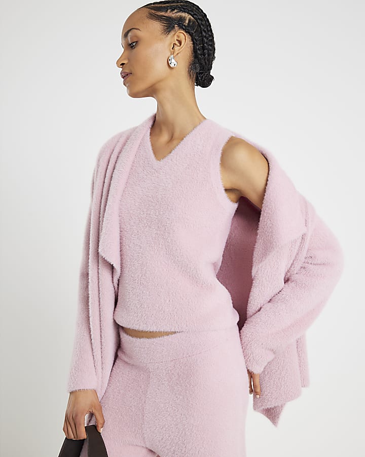 Pink Knitted V Neck Fluffy Vest