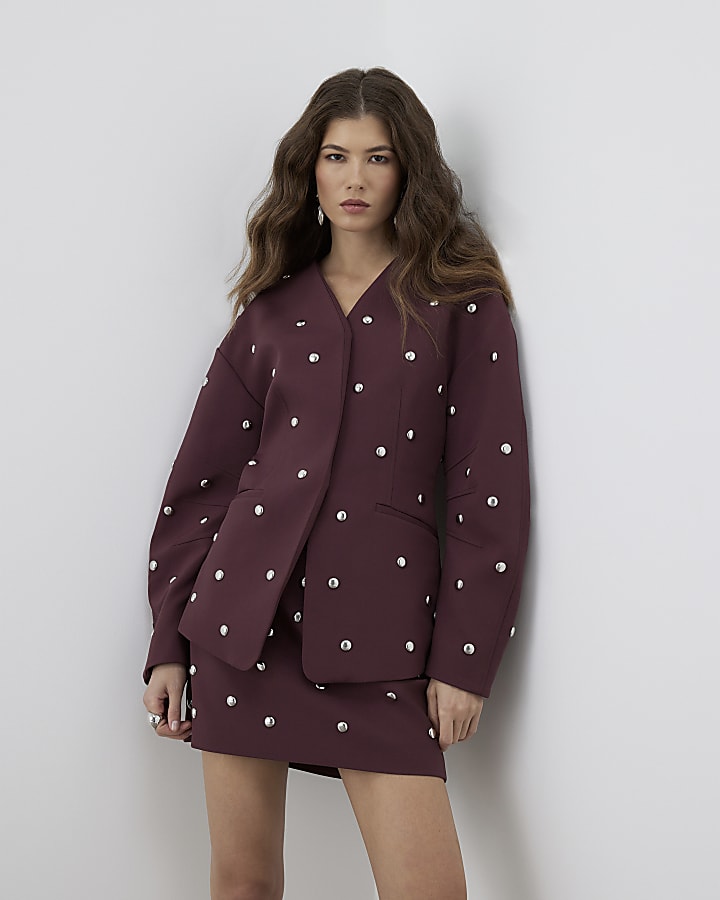 RI Studio Red Cocoon sleeve Studded Blazer