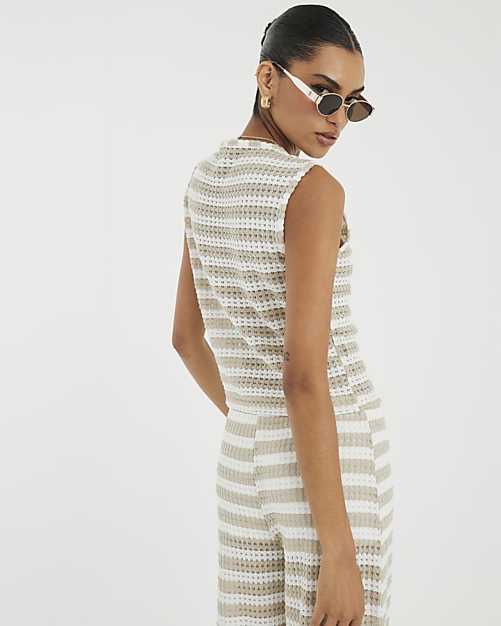 Cream Tie Front Striped Crochet Top
