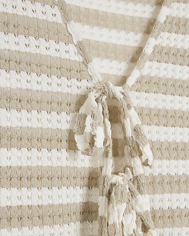 Cream Tie Front Striped Crochet Top
