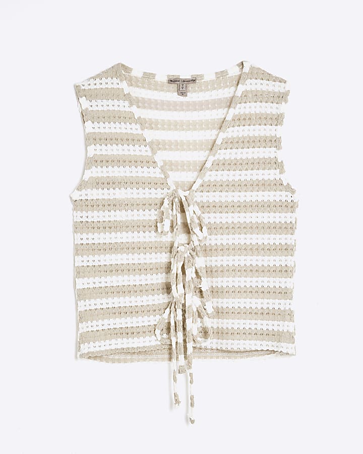 Cream Tie Front Striped Crochet Top