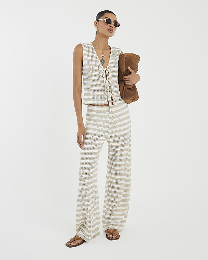 Cream Tie Front Striped Crochet Top