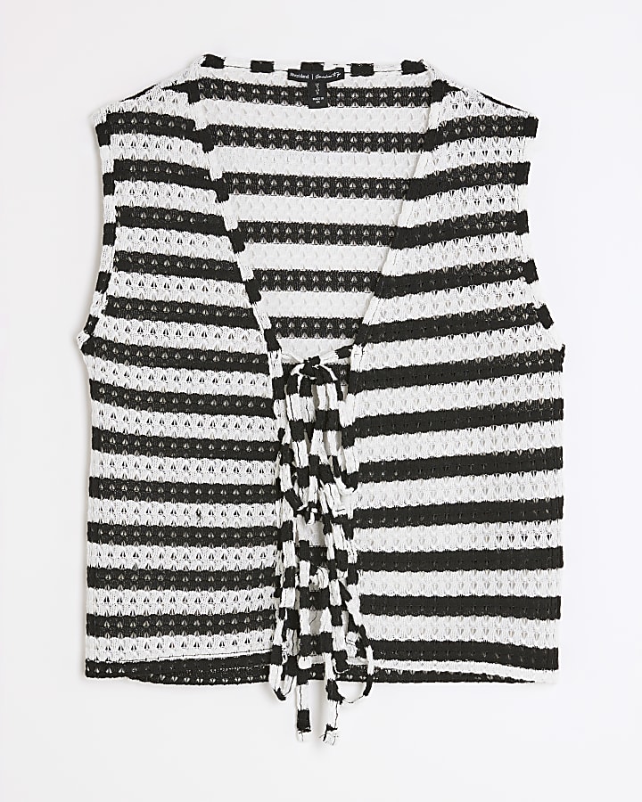 Black Stripe Tie Front Crochet Top