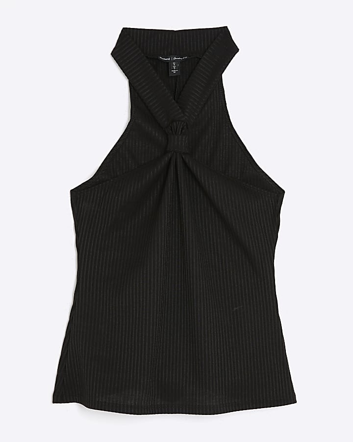 Black Sleeveless Ribbed Halter Neck Knot Top