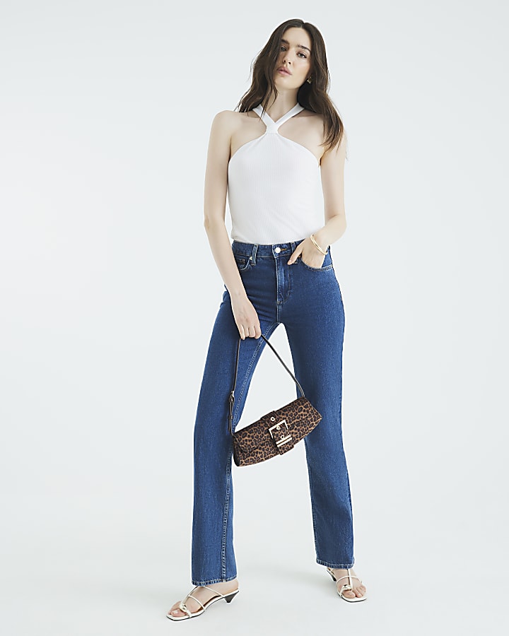 Cream Sleeveless Ribbed Halter Neck Knot Top