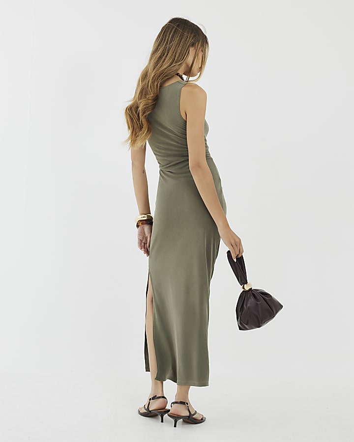 Khaki Sleeveless Side Knot Maxi Dress