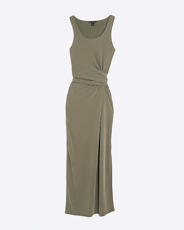 Khaki Sleeveless Side Knot Maxi Dress