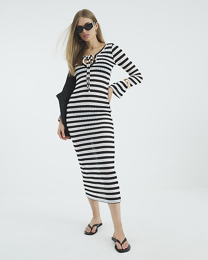 Black Long Sleeve Stripe Tie Front Dress