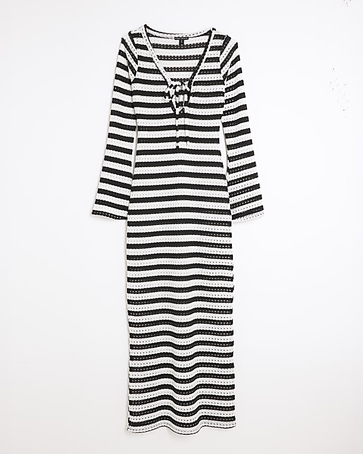 Black Long Sleeve Stripe Tie Front Dress