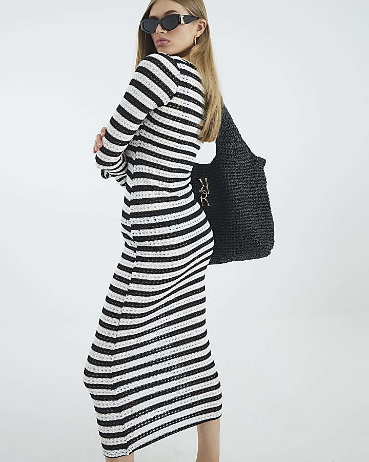 Black Long Sleeve Stripe Tie Front Dress