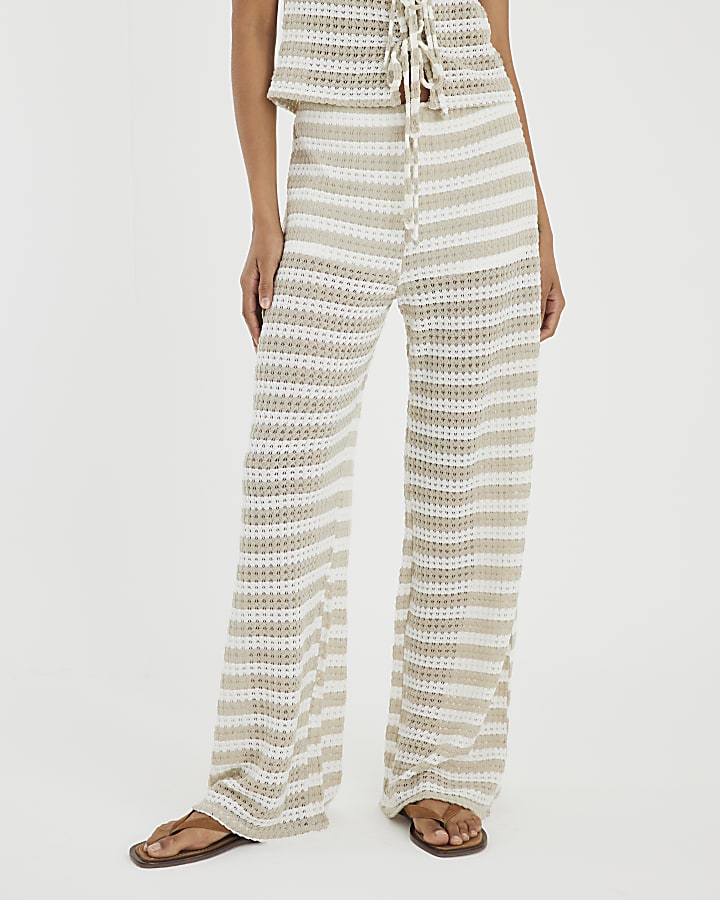 Cream Stripe Wide Leg Crochet Trousers