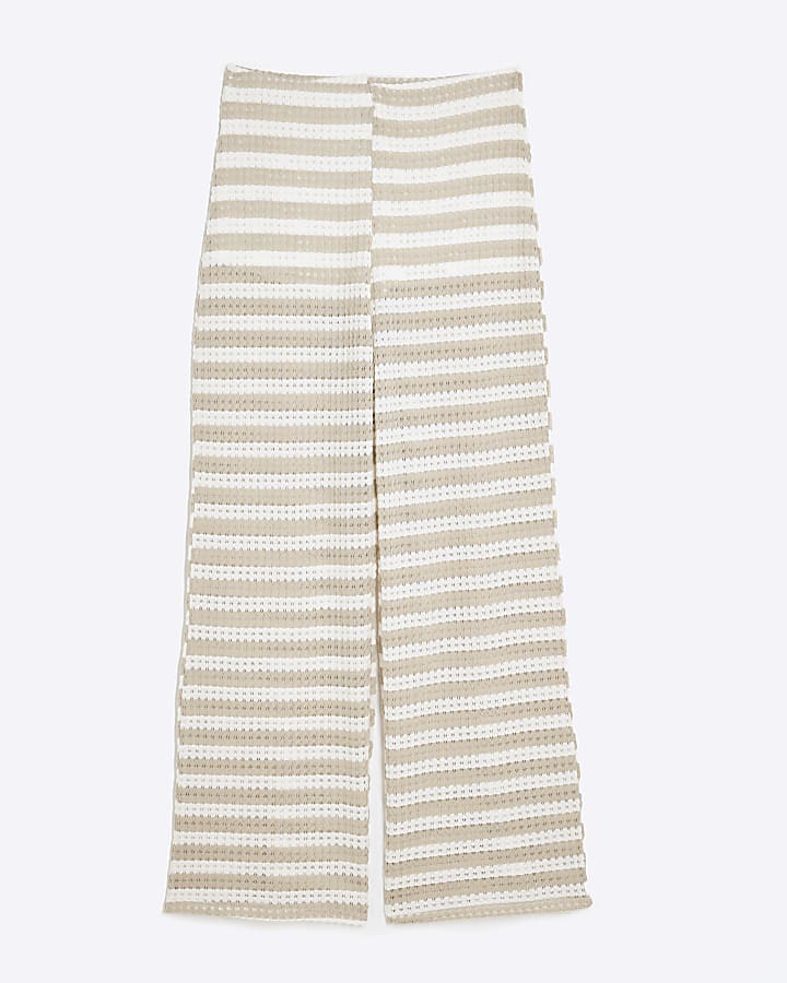 Cream Stripe Wide Leg Crochet Trousers