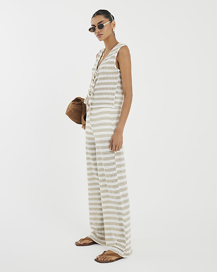 Cream Stripe Wide Leg Crochet Trousers