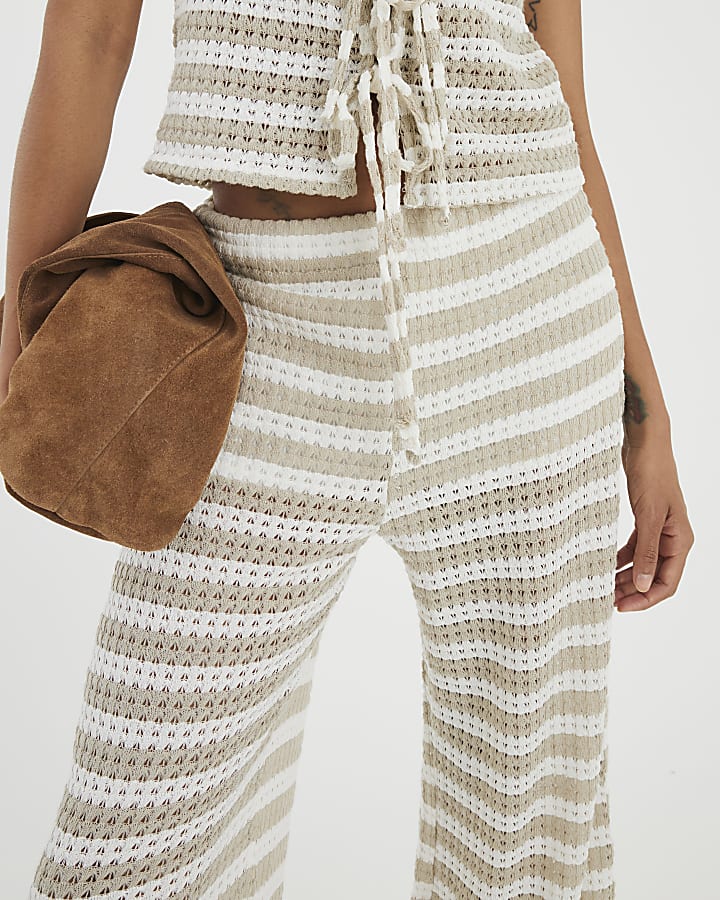 Cream Stripe Wide Leg Crochet Trousers