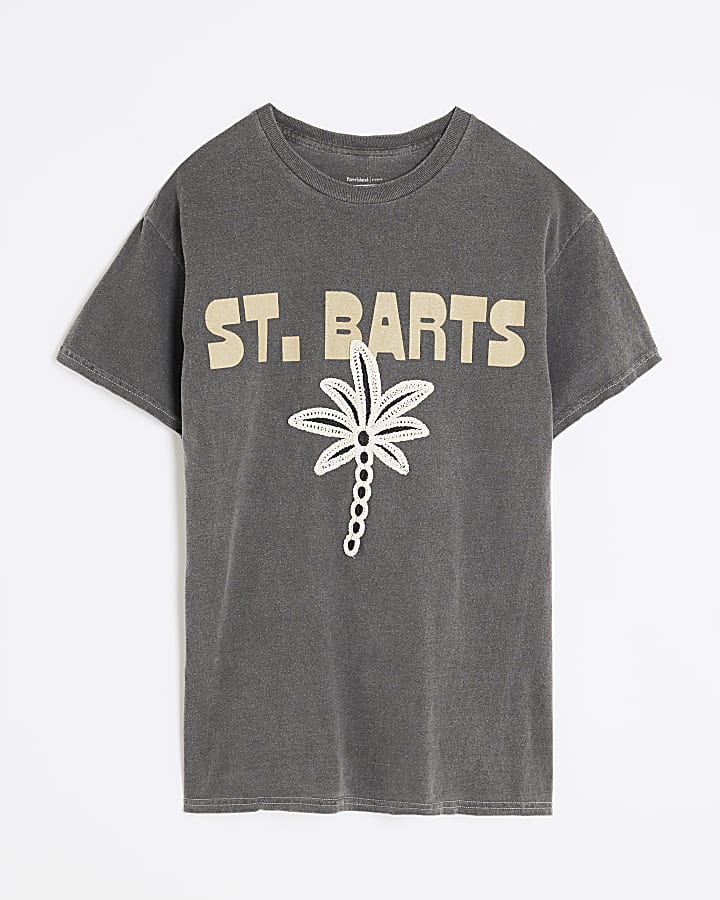 Grey Short Sleeve St Barts Palm Tree T-shirt