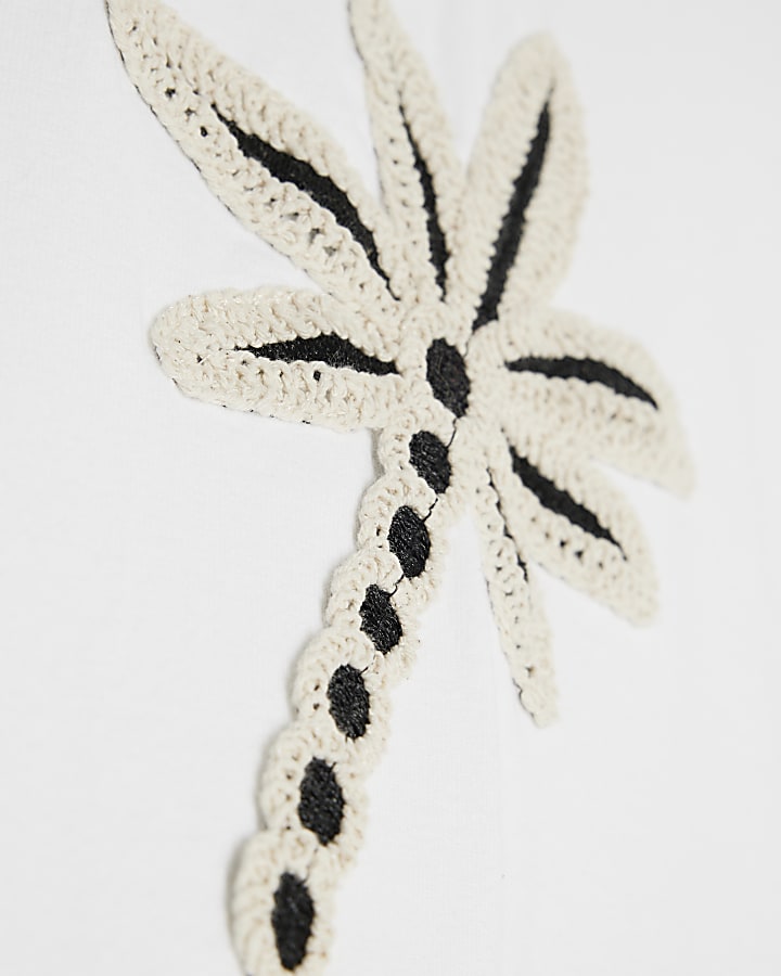 White Short Sleeve Palm Tree Crochet T-shirt
